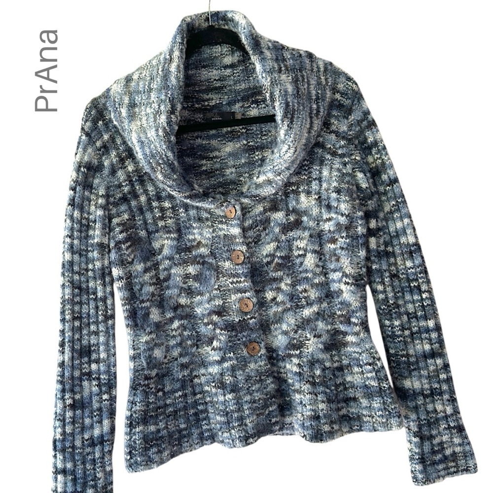 PRANA | WOOL BLEND BLUE MARLED CARDIGAN SWEATER OVERSIZED COWL NECK | LARGE